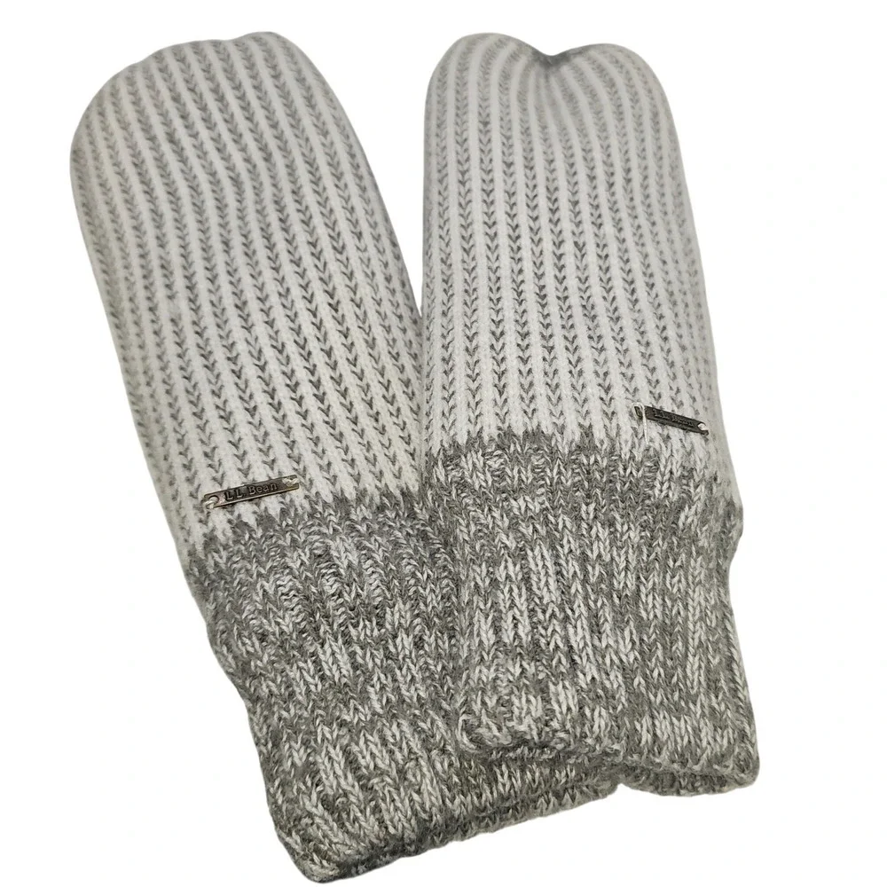 LL Bean Womens Marled Knit Fleece Lined Mittens Grey White OSFA 507856